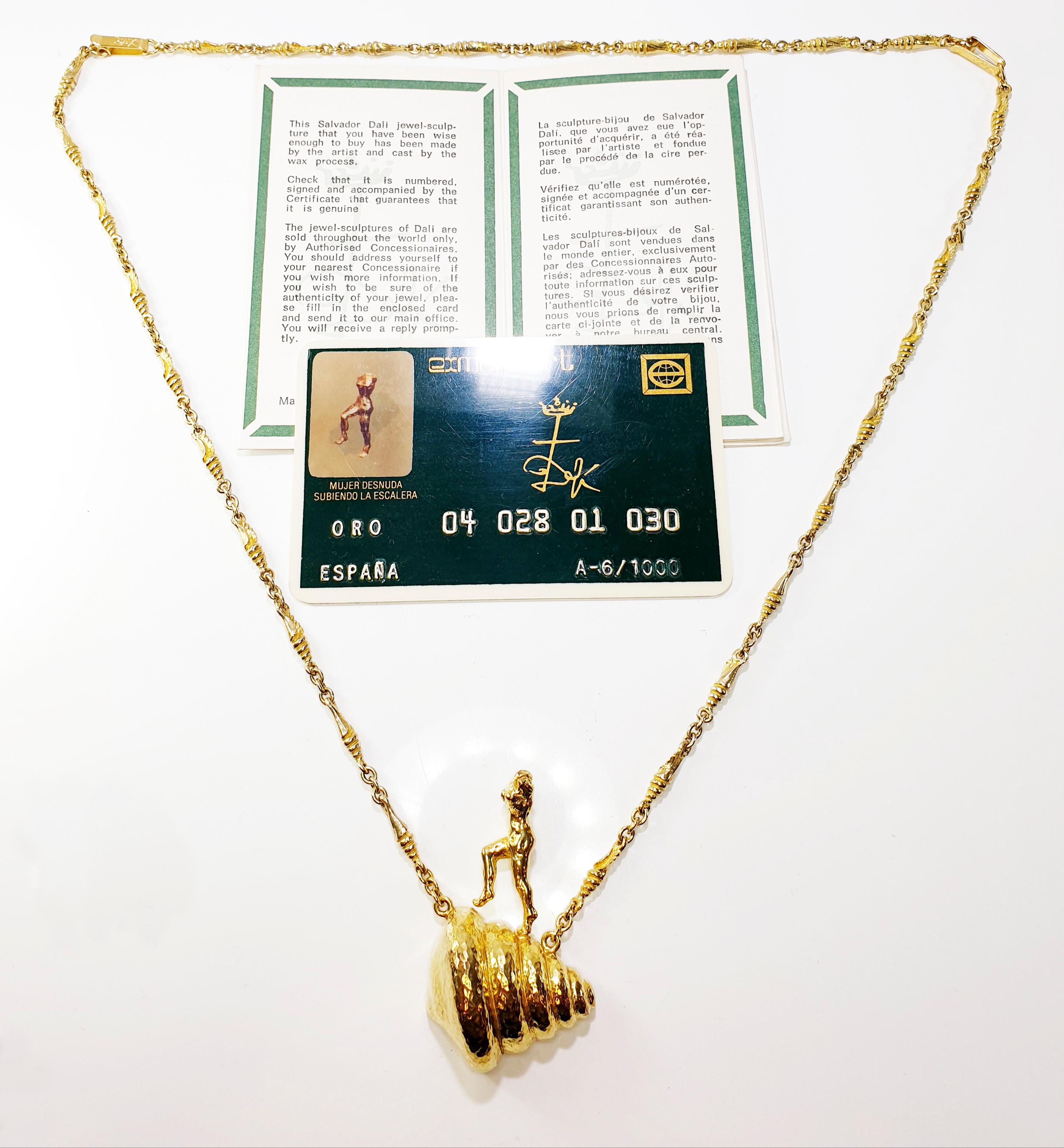 Artisan 18k Gold Naked Woman climbing a staircase by Salvador Dalí Sculpture Necklace For Sale