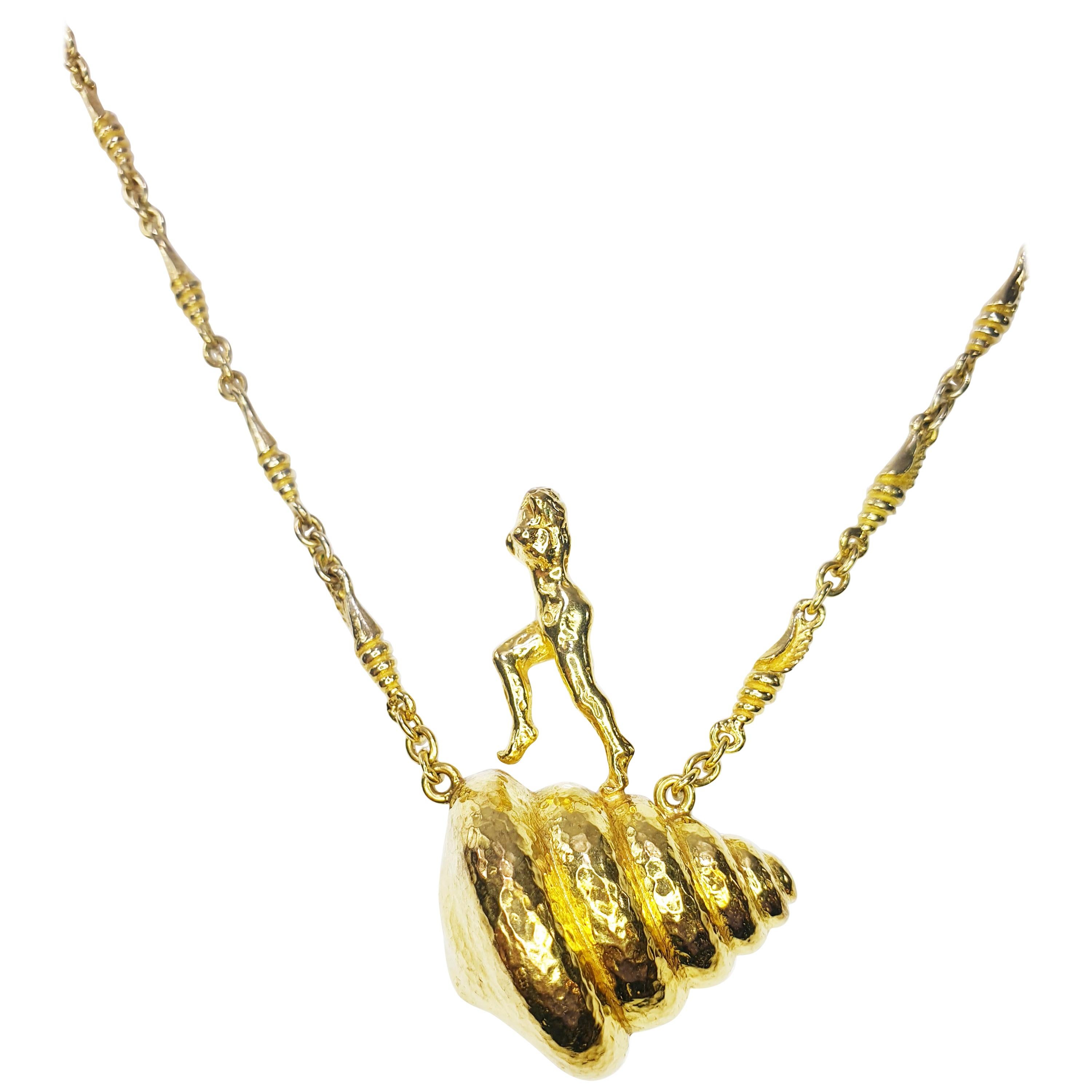 18k Gold Naked Woman climbing a staircase by Salvador Dalí Sculpture Necklace For Sale