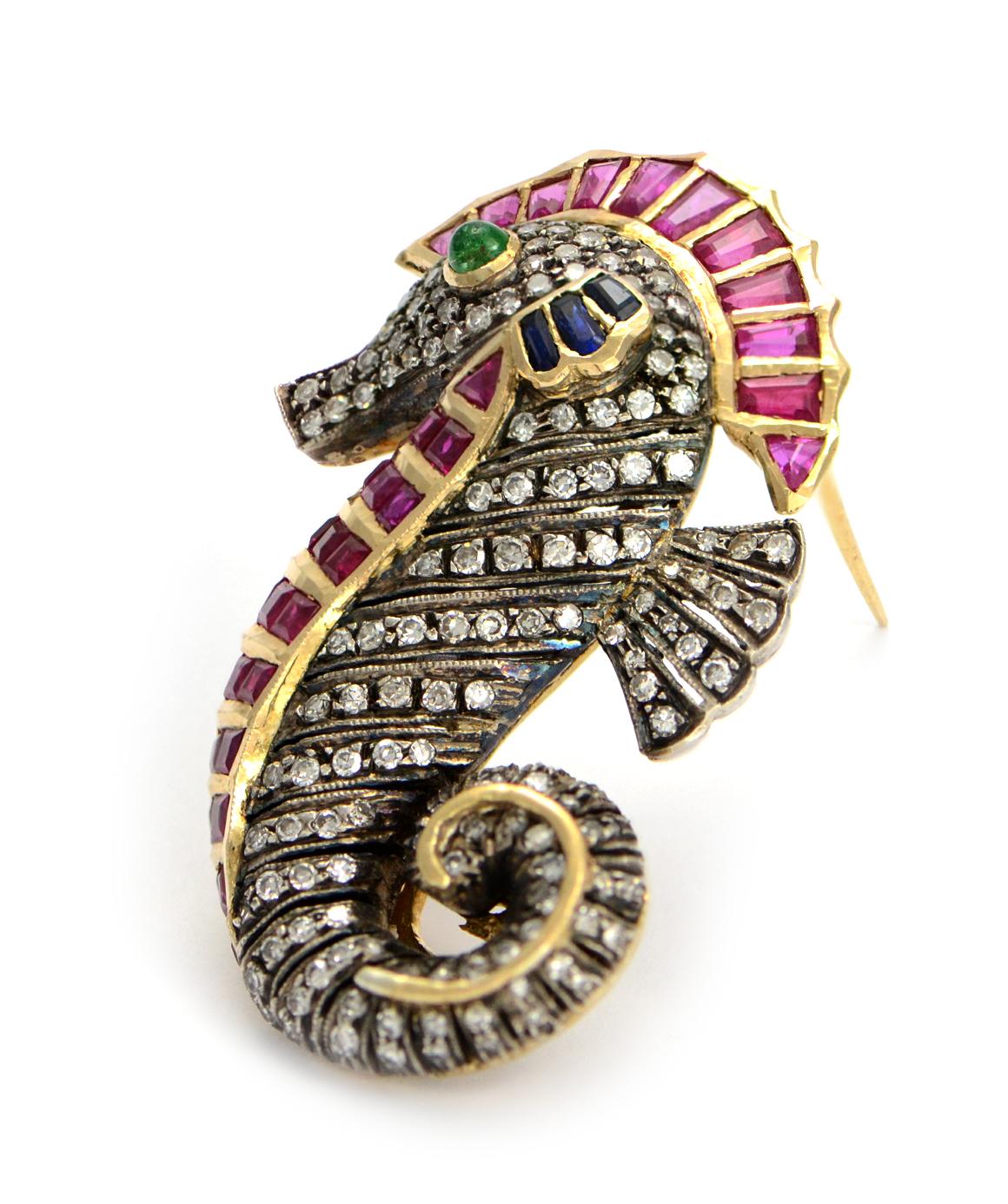 Solid 18K Gold & Sterling Diamond, Ruby, Sapphire & Emerald Seahorse Brooch 14g In Excellent Condition In Manchester, NH