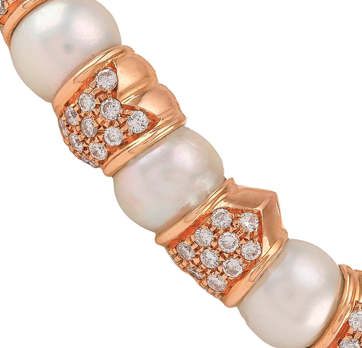 Women's Solid 18 Karat Rose Gold Diamond Pearl Cuff Bracelet For Sale