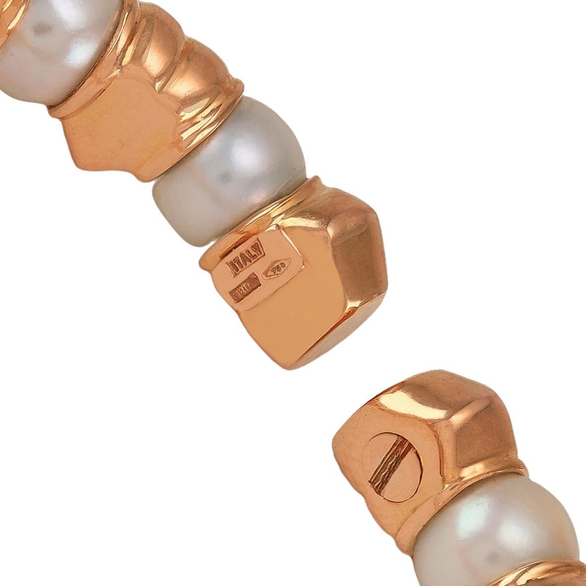 Solid 18 Karat Rose Gold Diamond Pearl Cuff Bracelet For Sale 1