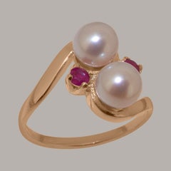Solid 18K Rose Gold Pearl & Ruby Womens Dress Ring Customizable