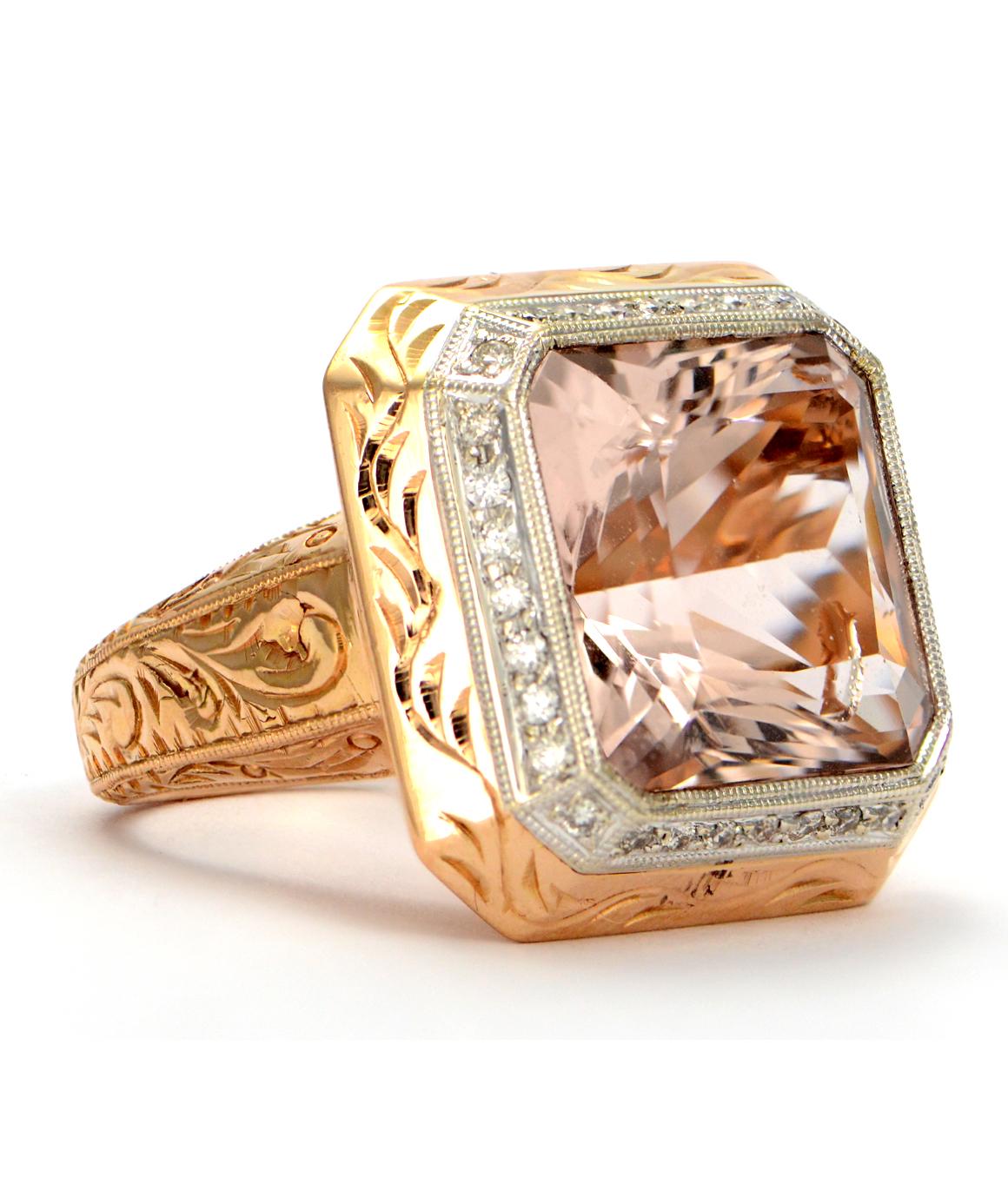 Solid 18K Rose Gold Pink Morganite and Natural Diamond Ring, in excellent condition! This beautiful morganite ring is surrounded by 32 diamonds approximately 0.32CTTW. The ring weighs 17 grams, and is a size 7. The stone measures 14.75mm x 14.75mm
