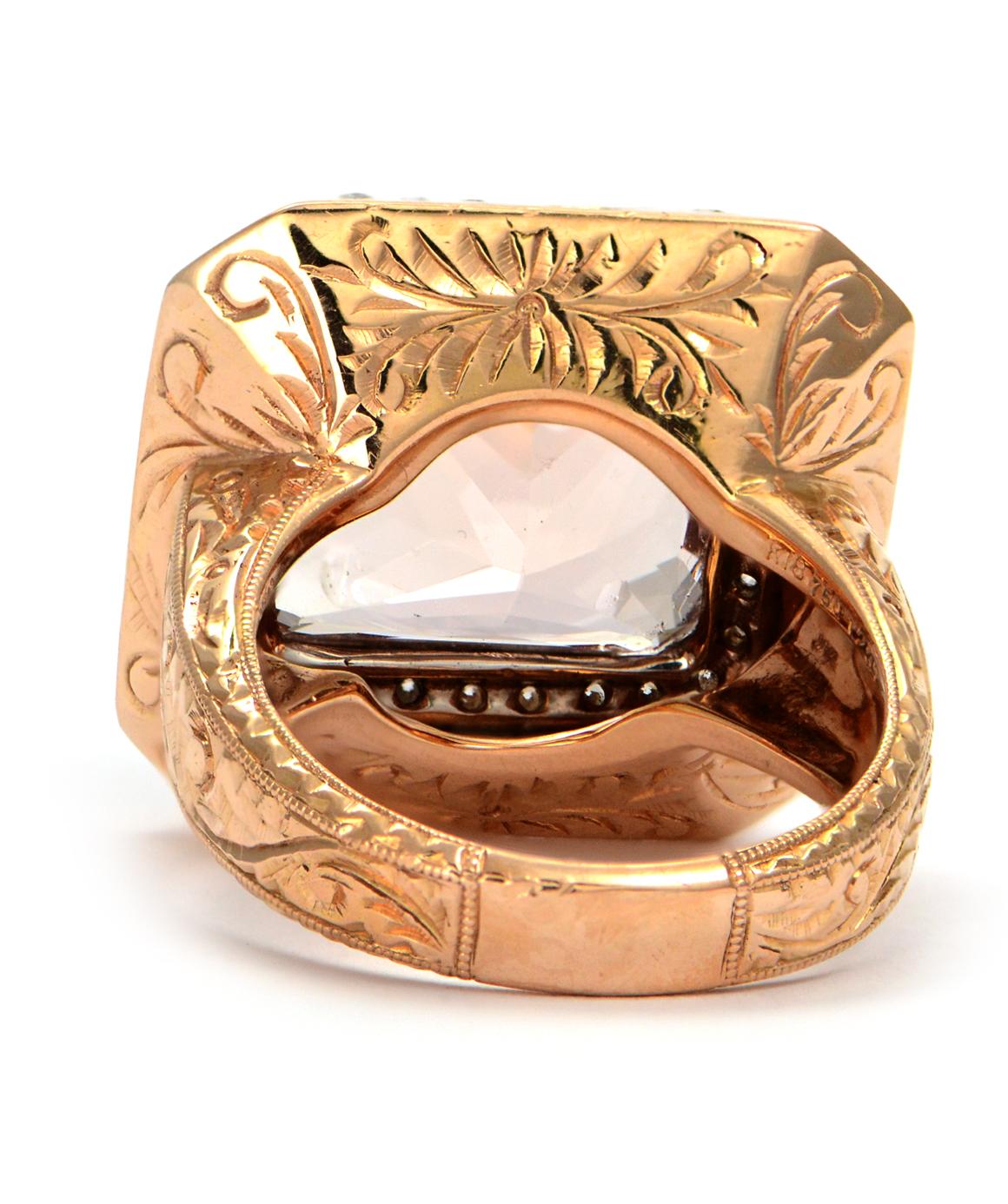 Women's or Men's Solid 18 Karat Rose Gold Pink Morganite and Natural Diamond Ring, 17.0g