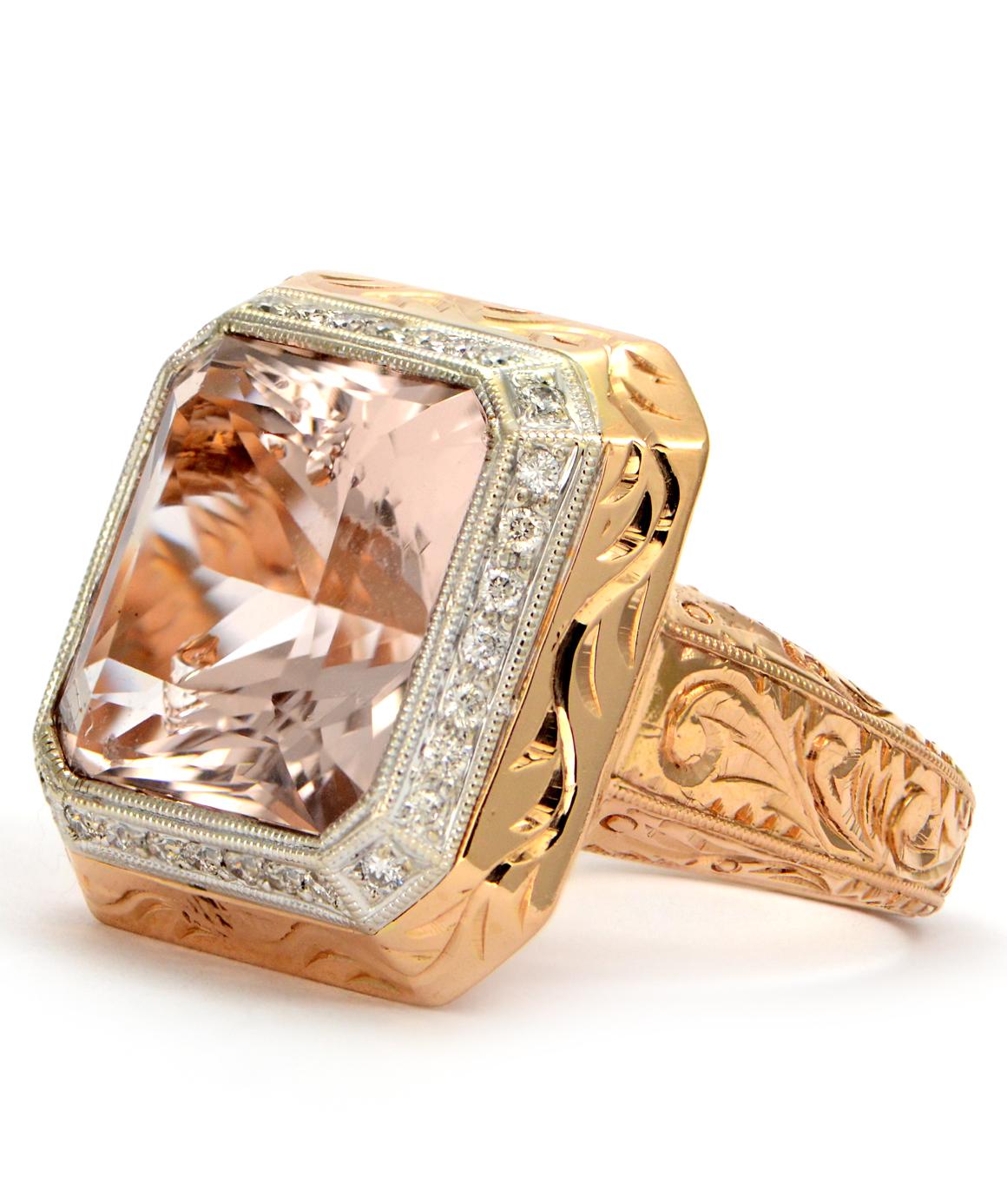 Solid 18 Karat Rose Gold Pink Morganite and Natural Diamond Ring, 17.0g 1