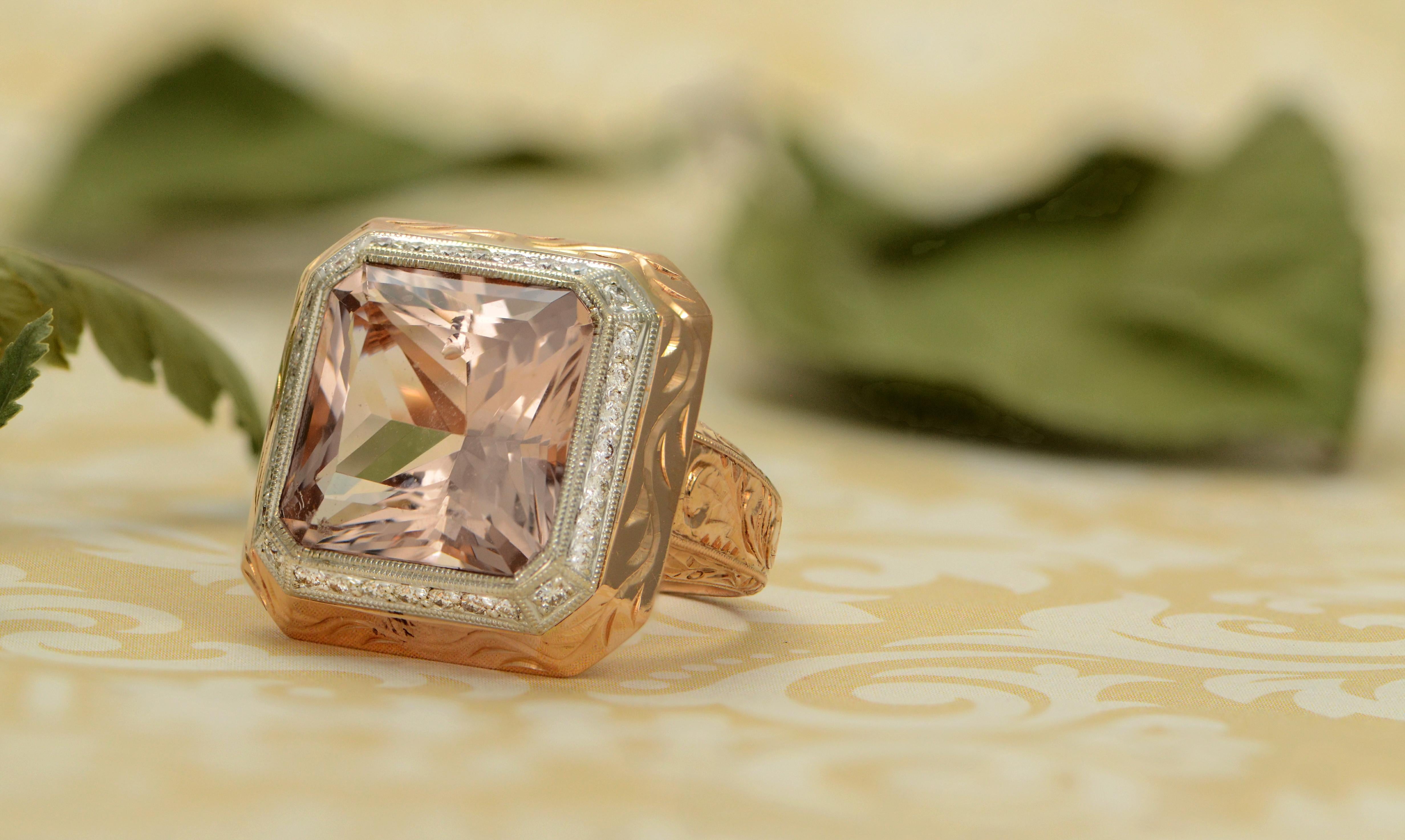 Solid 18 Karat Rose Gold Pink Morganite and Natural Diamond Ring, 17.0g 2