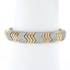 Solid 18k Tri Color Gold 2.75ctw Pave Diamond Chevron Flexible Cuff Bracelet