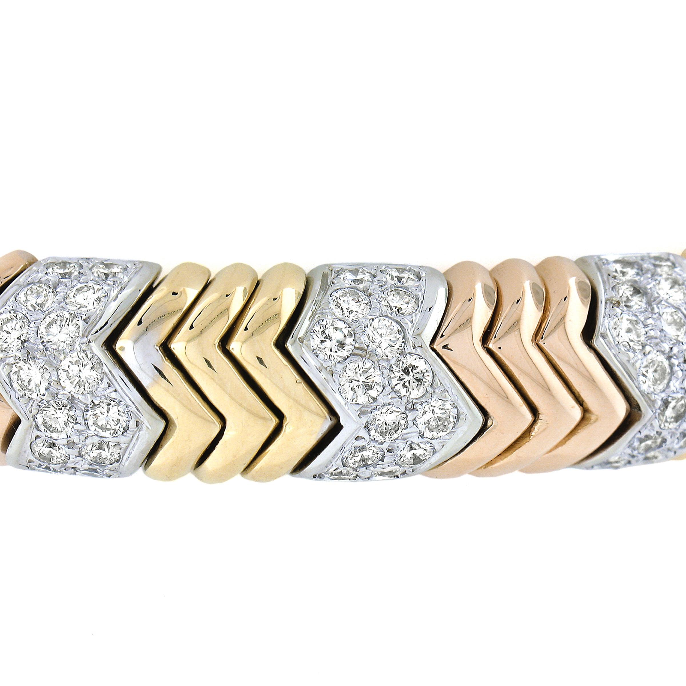 Round Cut Solid 18k Tri Color Gold 2.75ctw Pave Diamond Chevron Flexible Cuff Bracelet For Sale
