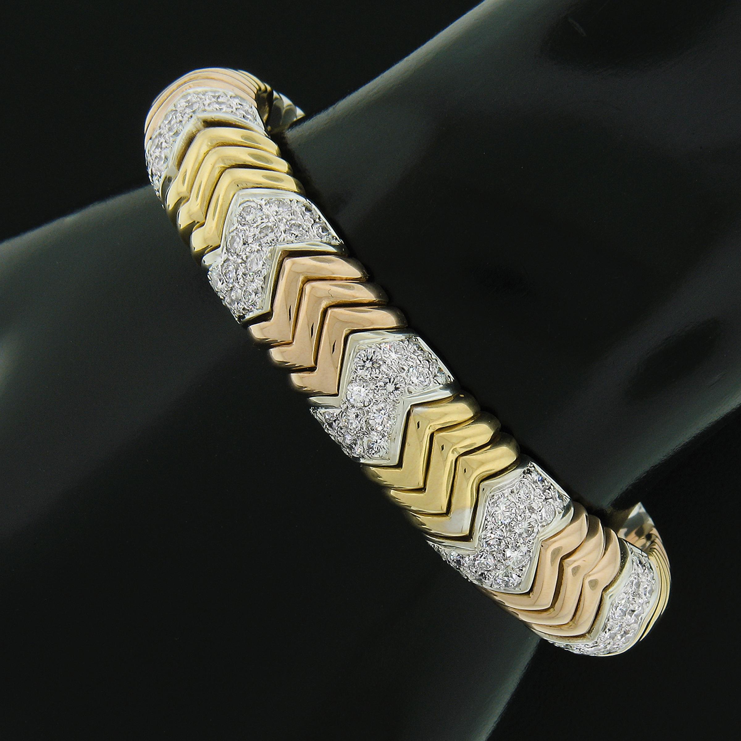 Solid 18k Tri Color Gold 2.75ctw Pave Diamond Chevron Flexible Cuff Bracelet In Excellent Condition For Sale In Montclair, NJ