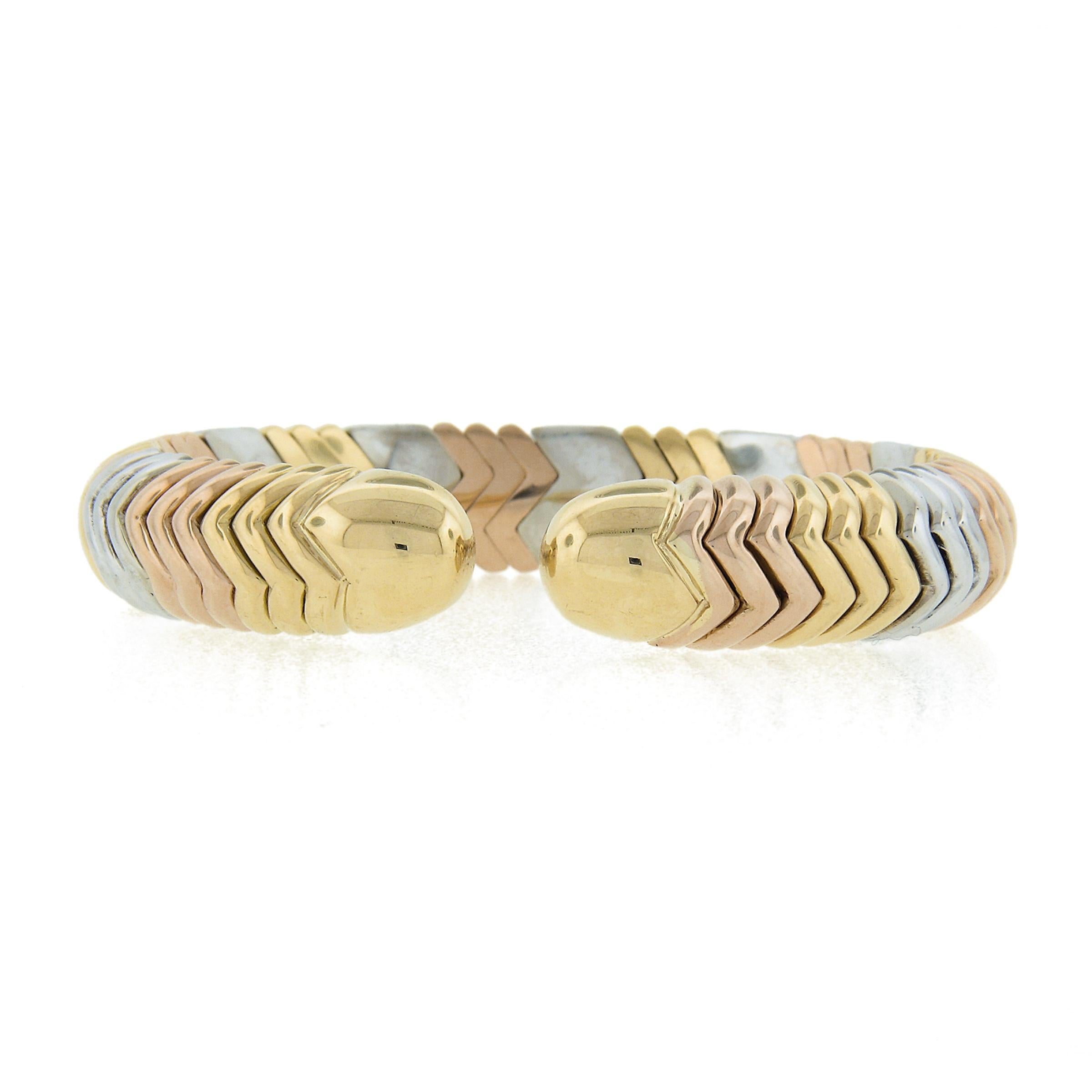 Women's Solid 18k Tri Color Gold 2.75ctw Pave Diamond Chevron Flexible Cuff Bracelet For Sale