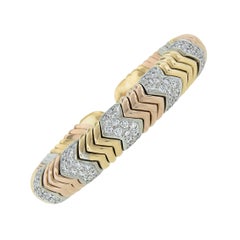 Solid 18k Tri Color Gold 2.75ctw Pave Diamond Chevron Flexible Cuff Bracelet
