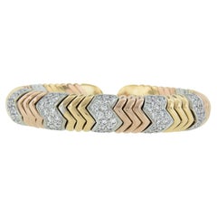 Solid 18k Tri Color Gold 2.75ctw Pave Diamond Chevron Flexible Cuff Bracelet