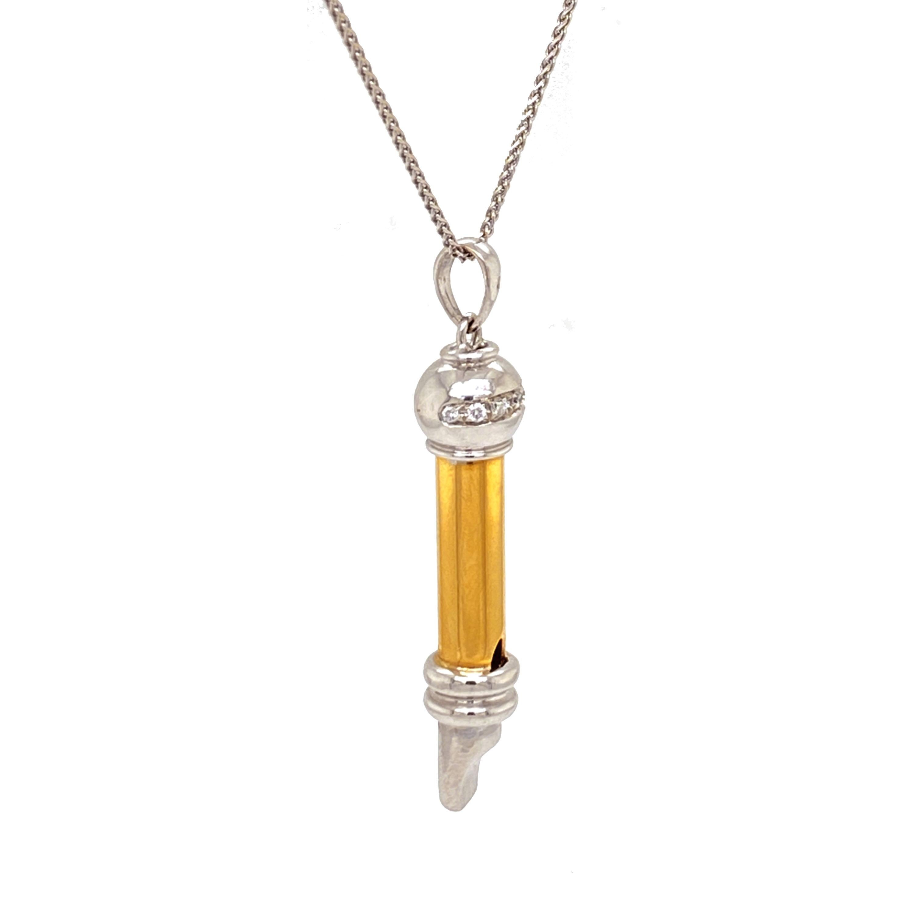 Solid 18K Two-Tone Gold Dog Whistle Genuine Diamond Pendant 9.1g
Excellent condition. This solid 18K two-tone gold dog whistle pendant features 7 genuine diamonds that weigh approximately 0.18CTTW. It measures 2 inches including bail and weighs 9.1