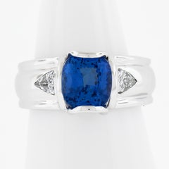 Solid 18k White Gold 2.69ctw Cushion Tanzanite & Trillion Diamond Wide Band Ring