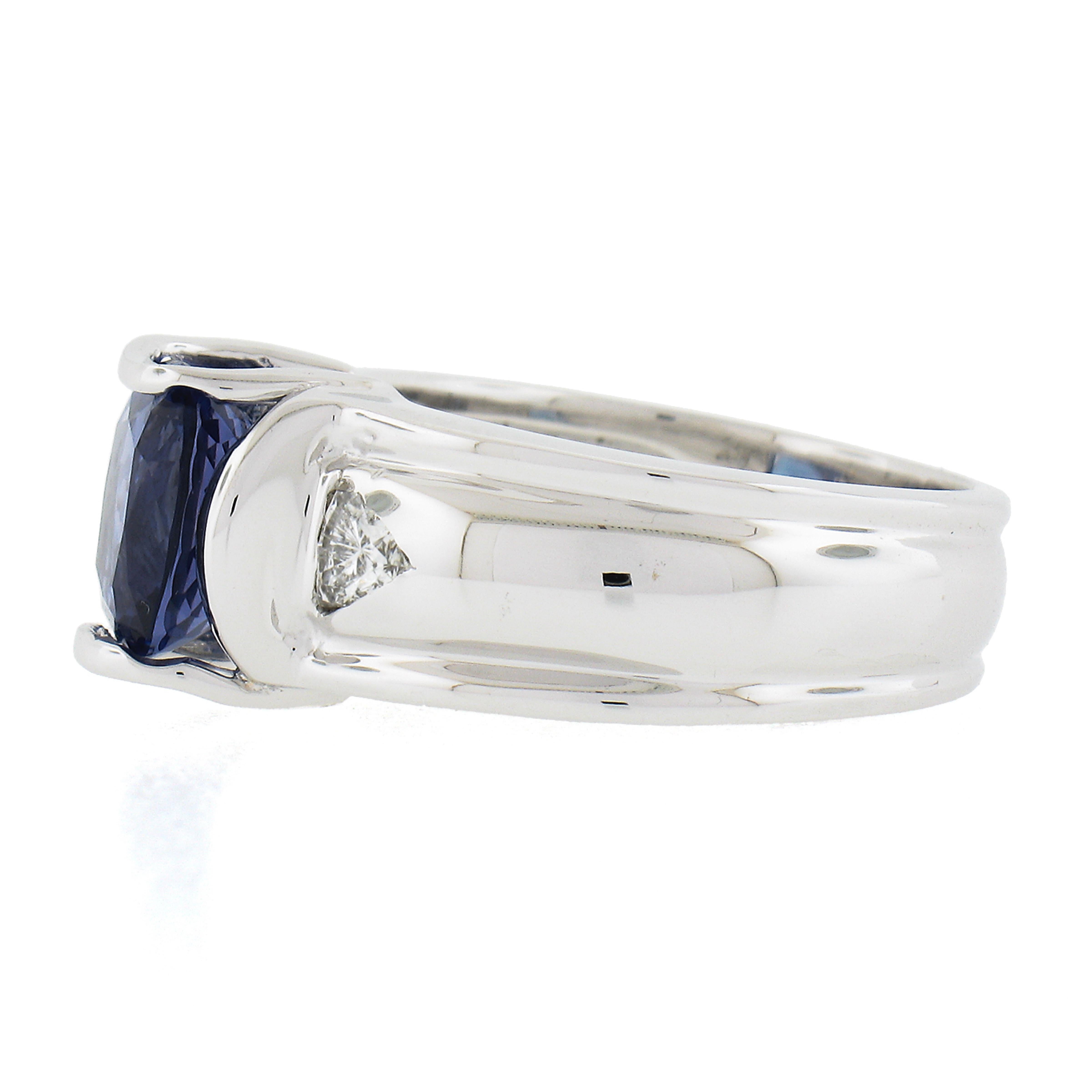 Solid 18k White Gold 2.69ctw Cushion Tanzanite & Trillion Diamond Wide Band Ring For Sale 1