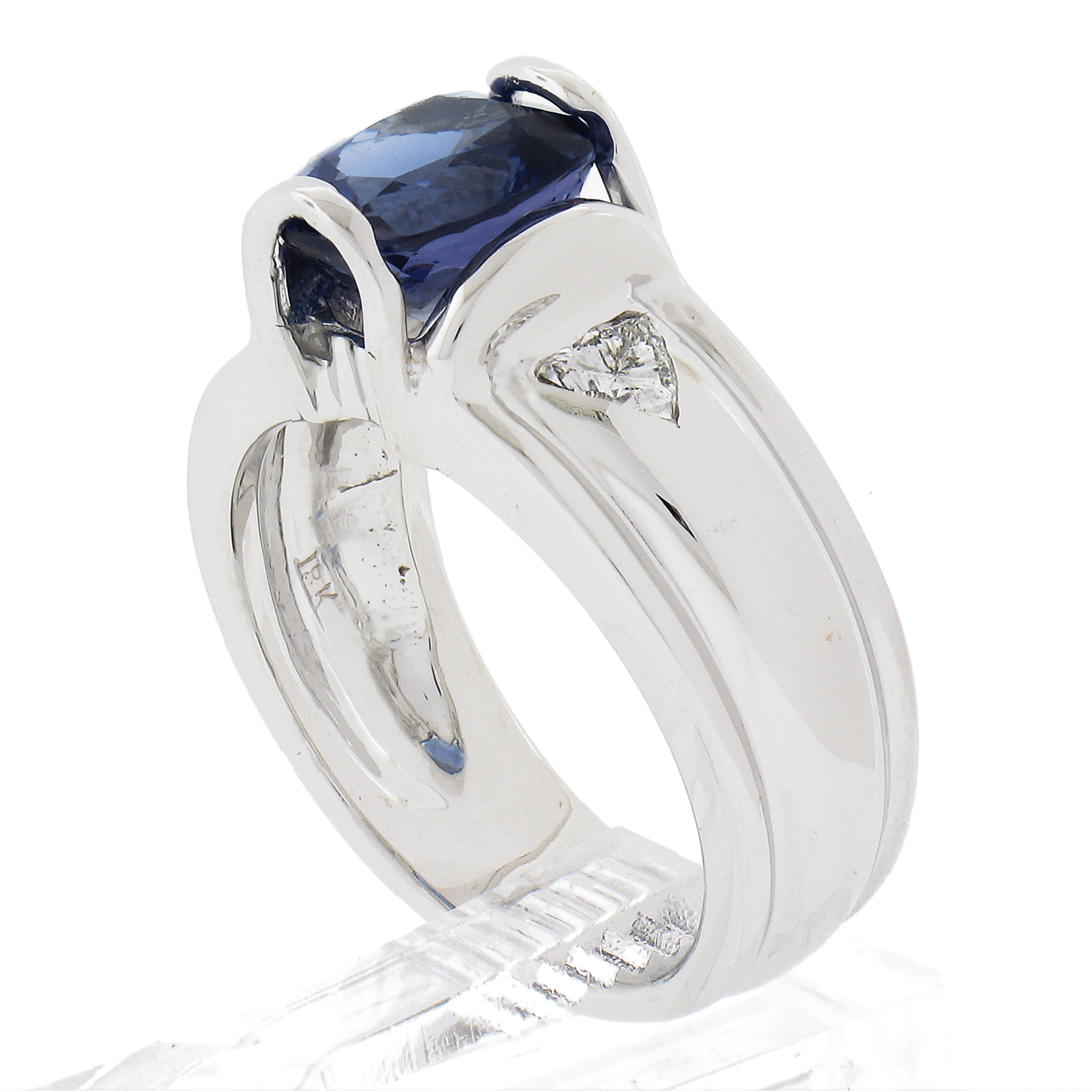 Solid 18k White Gold 2.69ctw Cushion Tanzanite & Trillion Diamond Wide Band Ring For Sale 4