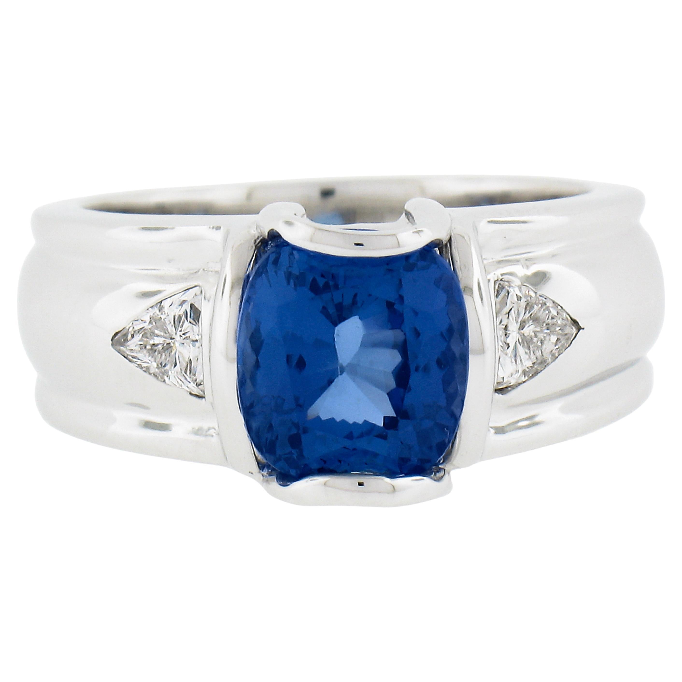 Solid 18k White Gold 2.69ctw Cushion Tanzanite & Trillion Diamond Wide Band Ring For Sale
