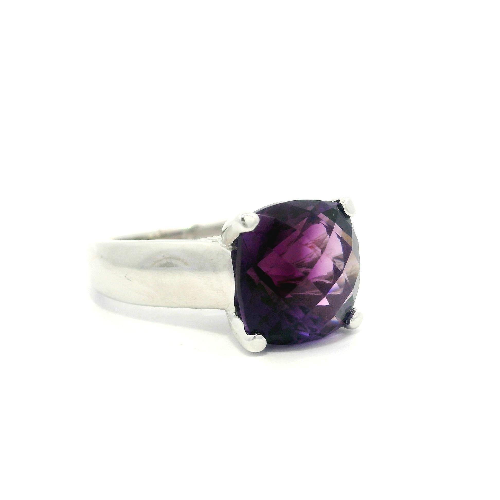 Solid 18k White Gold 4.5ct Square Cushion Deep Purple Amethyst Solitaire Ring For Sale 6