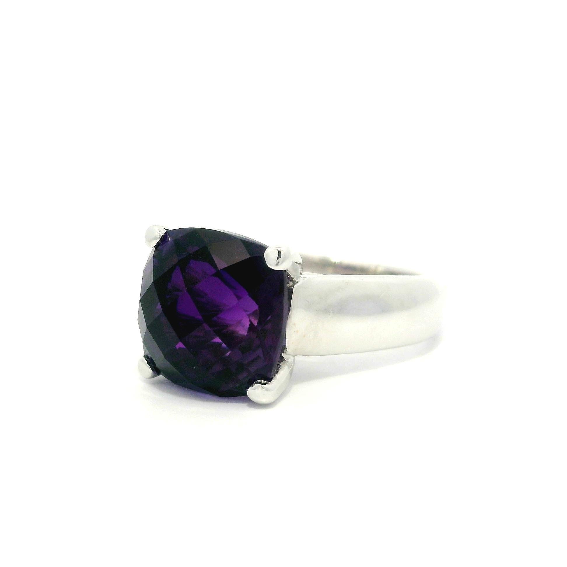 Solid 18k White Gold 4.5ct Square Cushion Deep Purple Amethyst Solitaire Ring For Sale 7
