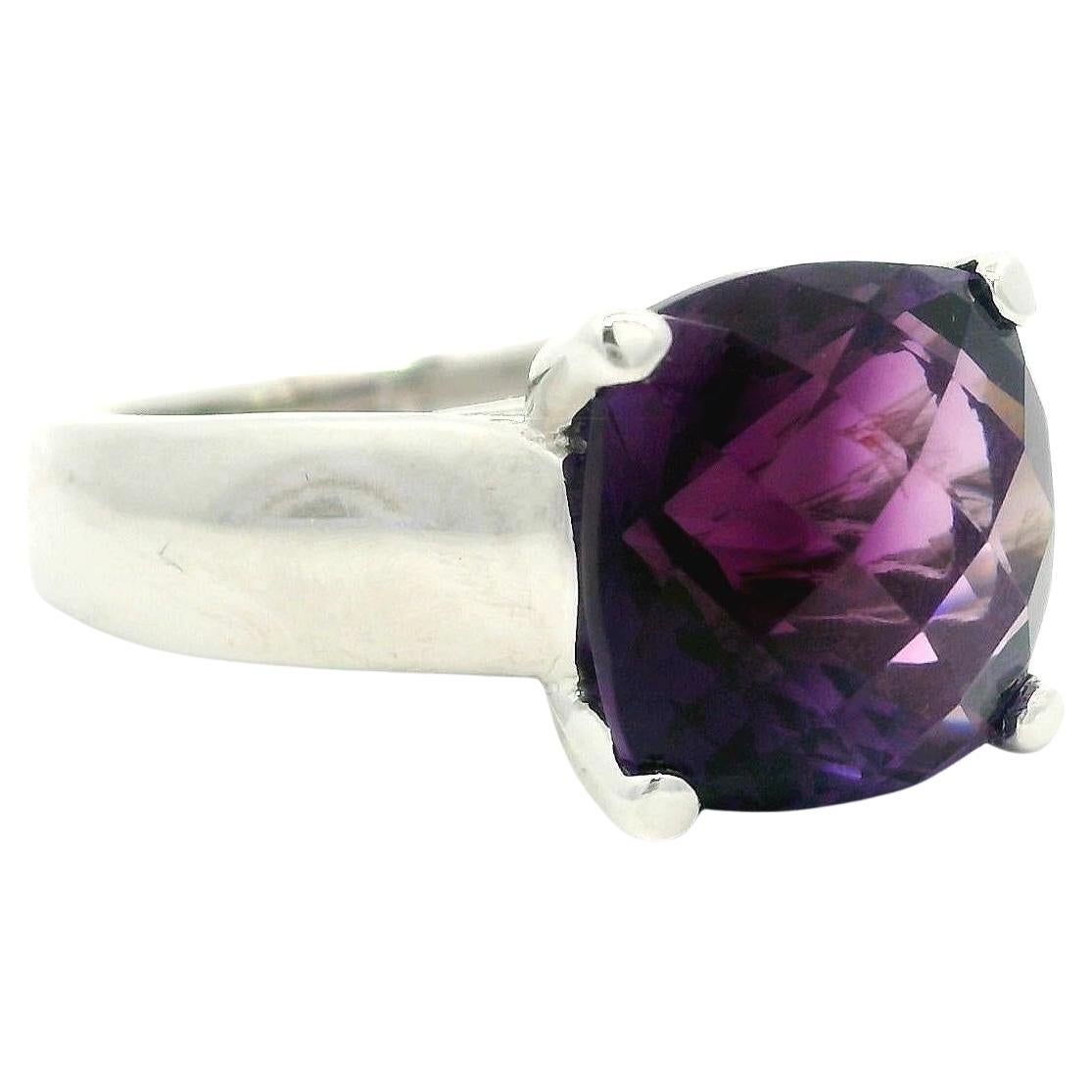 Solid 18k White Gold 4.5ct Square Cushion Deep Purple Amethyst Solitaire Ring For Sale