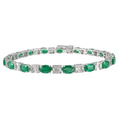 Solid 18k White Gold 6.64 Carat Natural Emerald and Diamond Tennis Bracelet