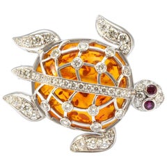 Solid 18K White Gold Amber, Genuine Diamond & Natural Ruby Turtle Pendant/Pin