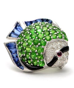 Solid 18K Gold Fish Pendant/Pin with Genuine Diamonds Tsavorite Ruby and Enamel