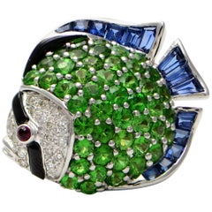 Solid 18K Gold Fish Pendant/Pin with Genuine Diamonds Tsavorite Ruby and Enamel