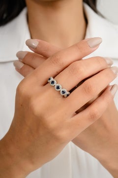 Solid 18k White Gold Five Stone Blue Sapphire Diamond Halo Promise Band Ring