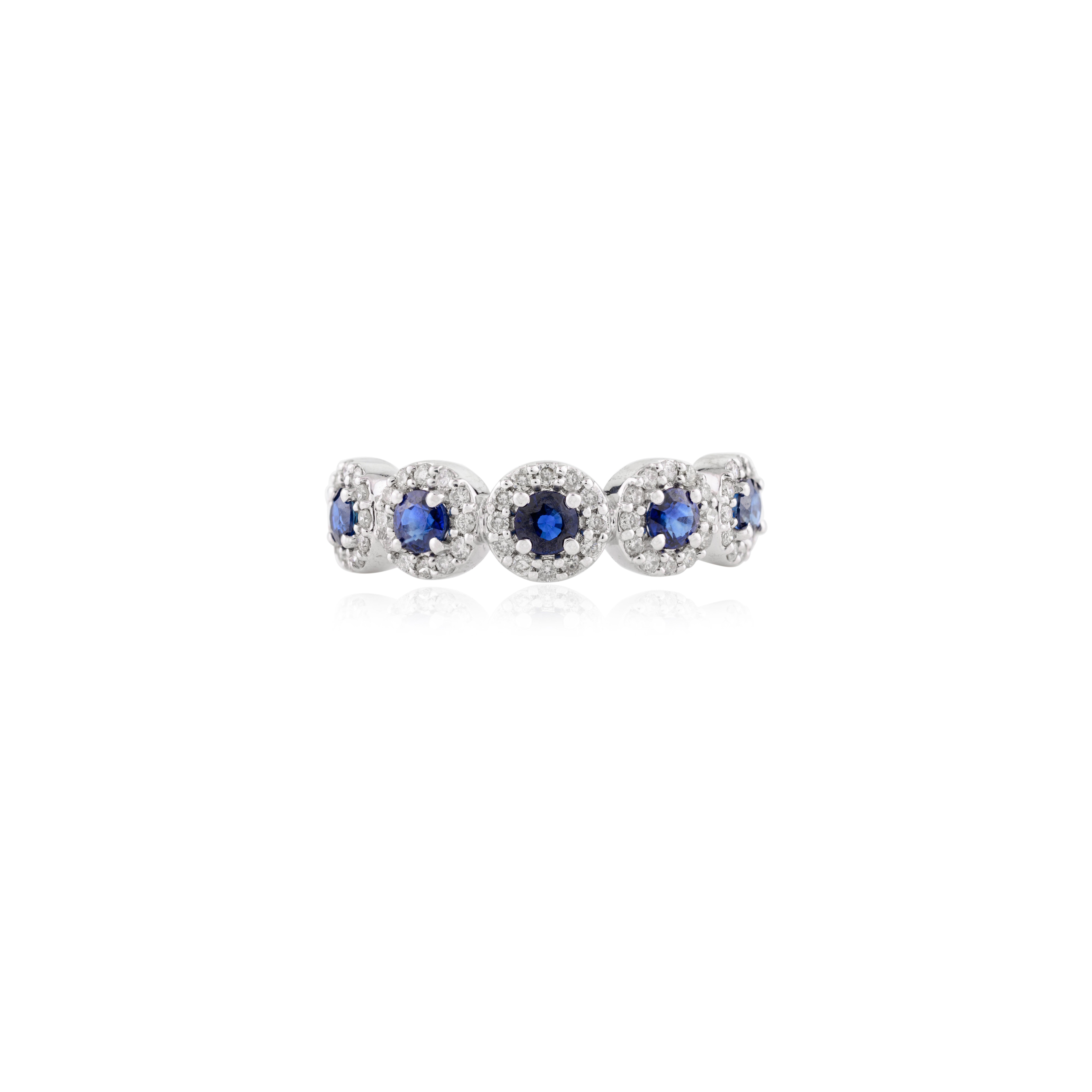For Sale:  Solid 18k White Gold Five Stone Blue Sapphire Diamond Halo Promise Band Ring 3