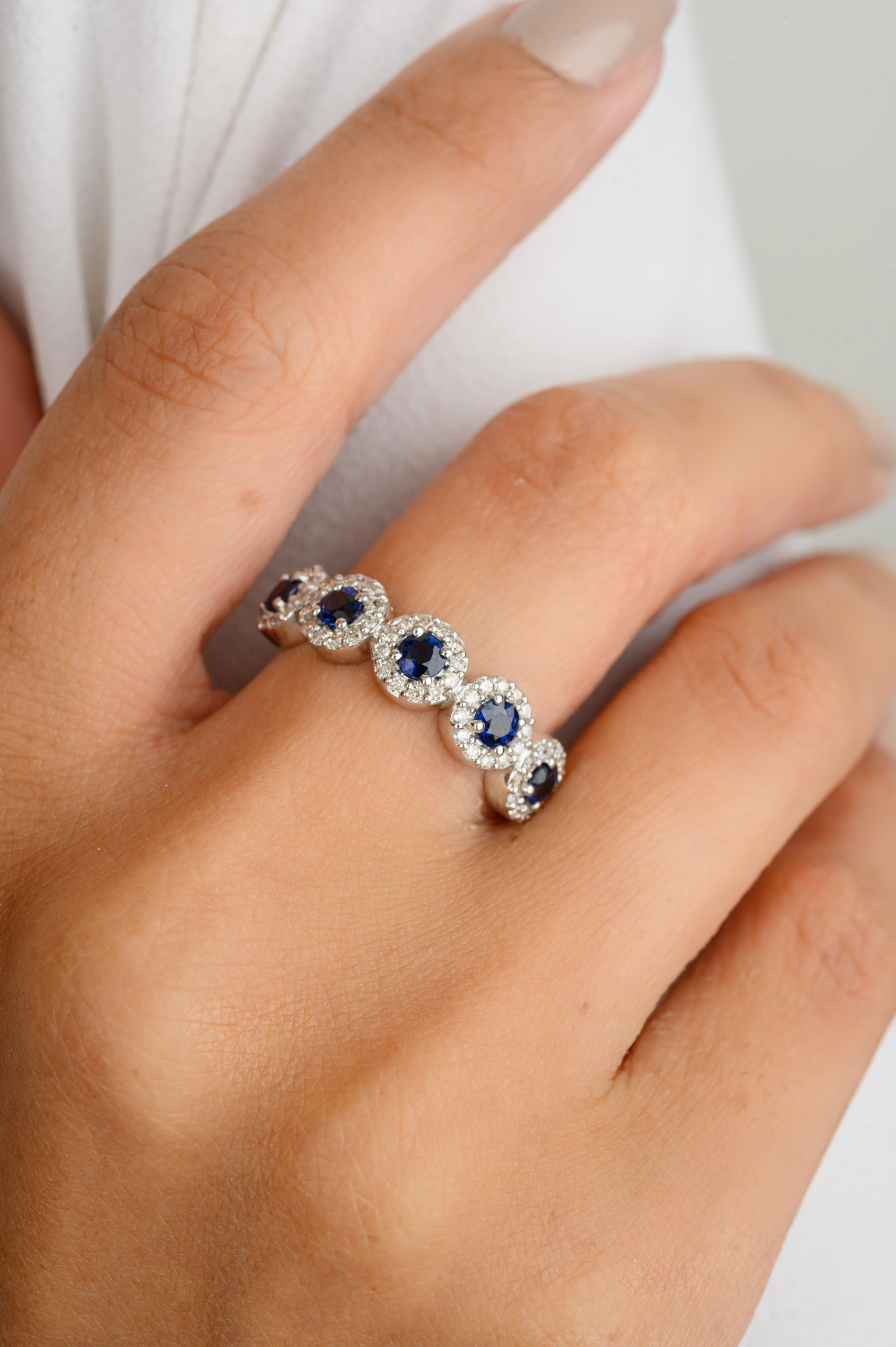 For Sale:  Solid 18k White Gold Five Stone Blue Sapphire Diamond Halo Promise Band Ring 4
