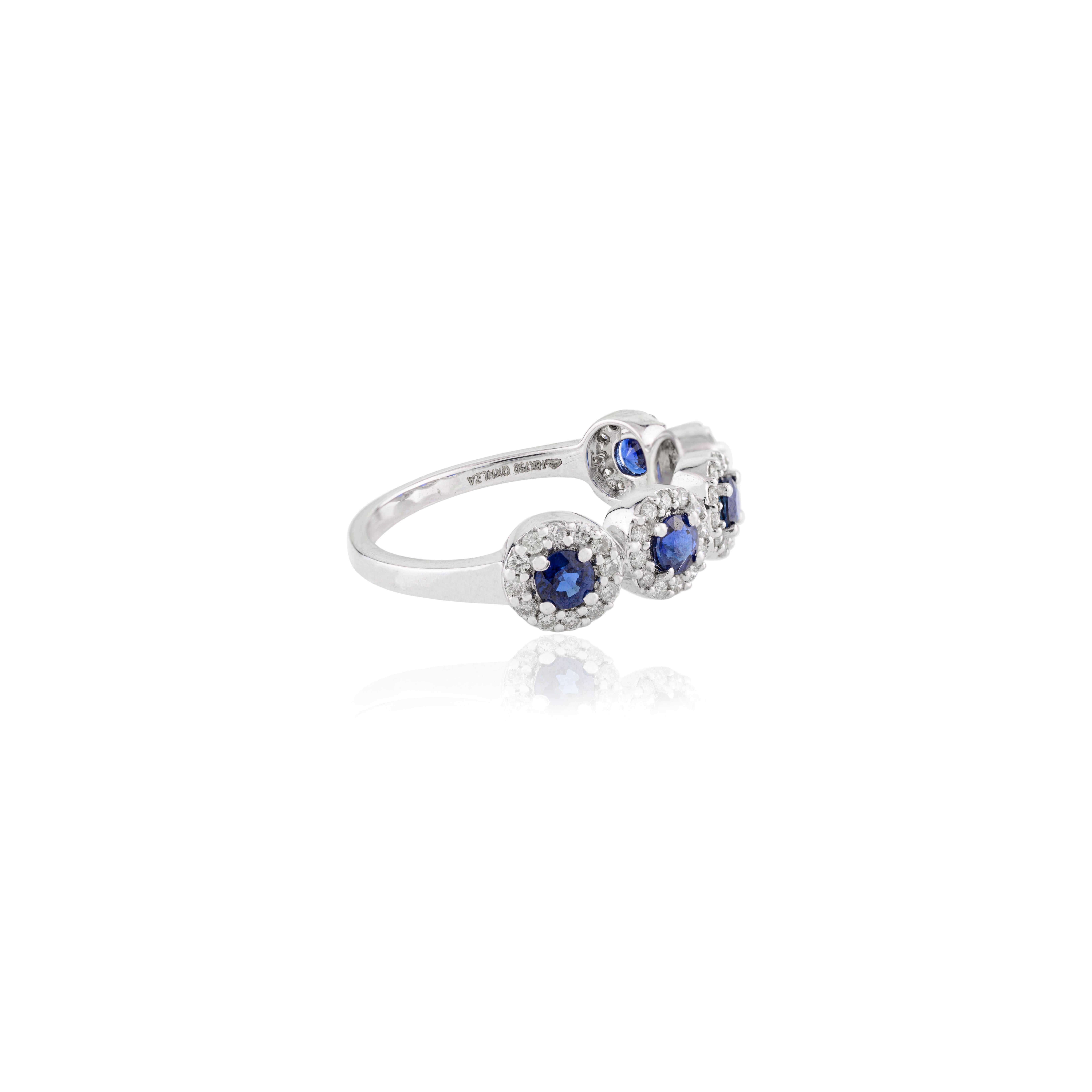 For Sale:  Solid 18k White Gold Five Stone Blue Sapphire Diamond Halo Promise Band Ring 5