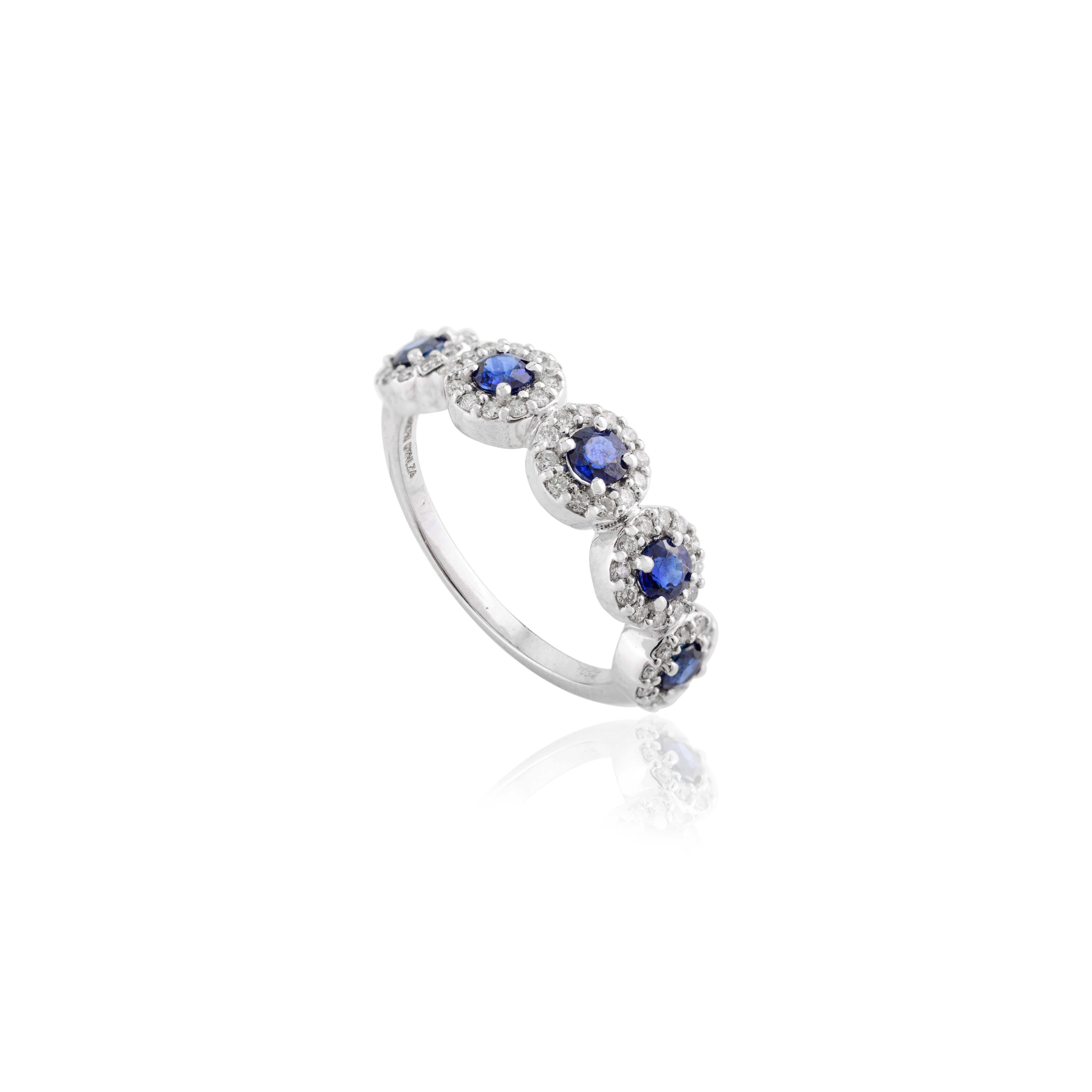 For Sale:  Solid 18k White Gold Five Stone Blue Sapphire Diamond Halo Promise Band Ring 8