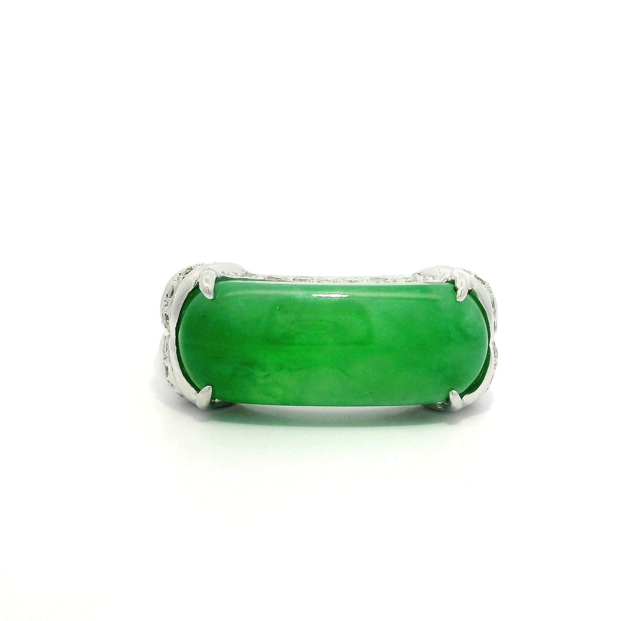 Solid 18k White Gold GIA 7.17ctw Arc Saddle A Jade w/ Diamond Band Ring For Sale 6