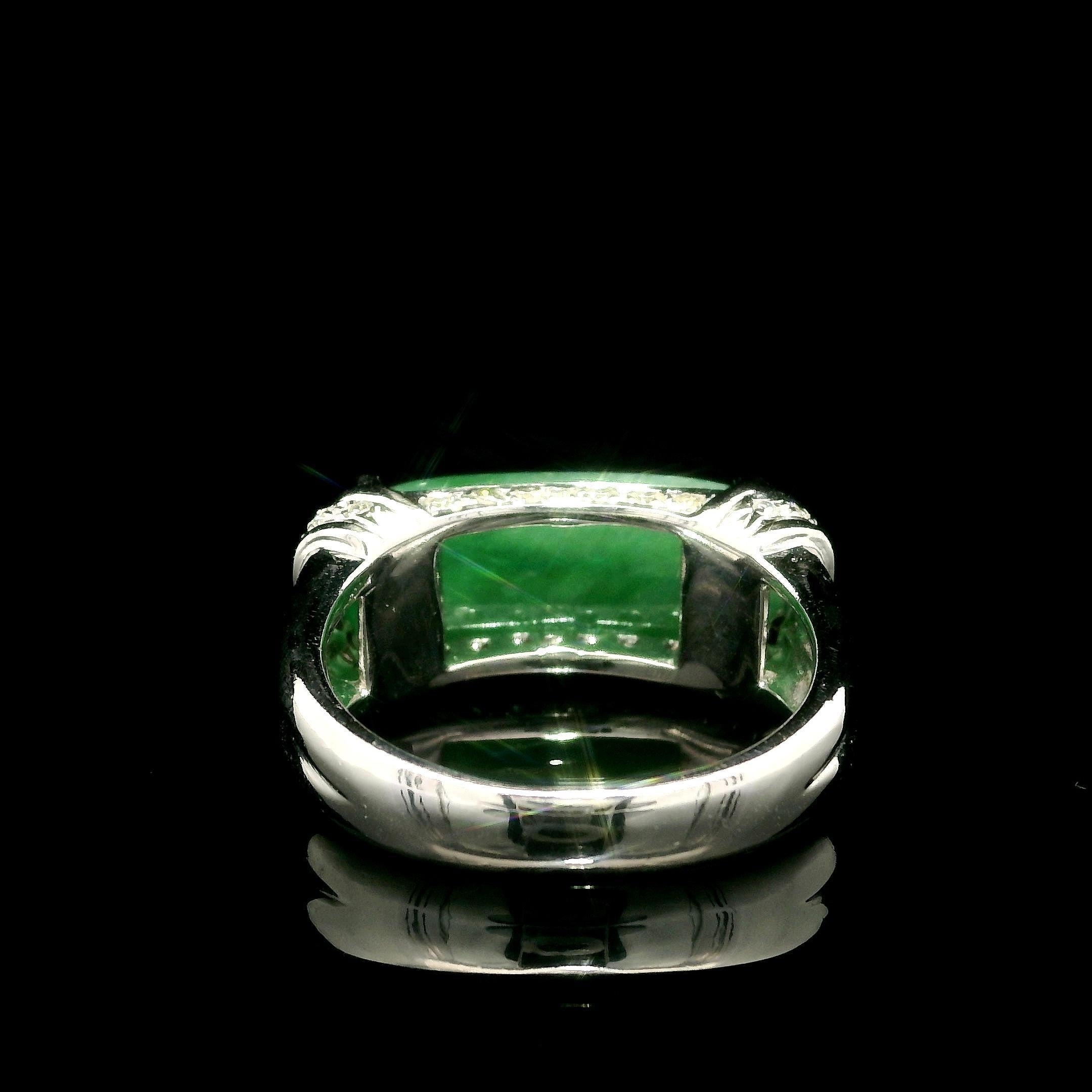 --Stone(s):--
(1) Natural Genuine Jade - 100% Natural - Oval Arc Saddle Cabochon Cut - Prong Set - Green Color - Great Color - 6.86ct (exact - stamped)
** See Certification Details Below for Complete Info **
Numerous Natural Genuine Diamonds - Round