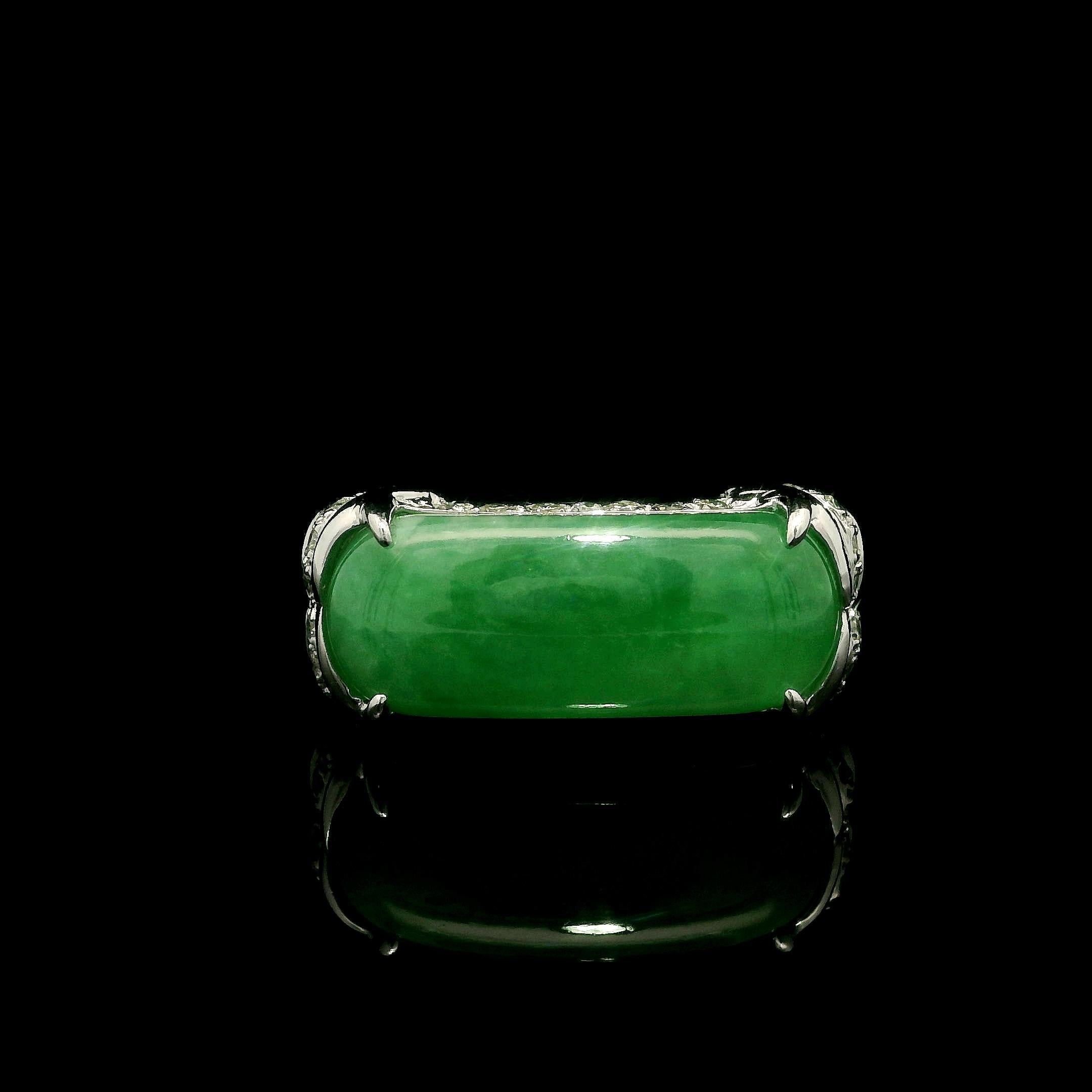 Solid 18k White Gold GIA 7.17ctw Arc Saddle A Jade w/ Diamond Band Ring For Sale 4