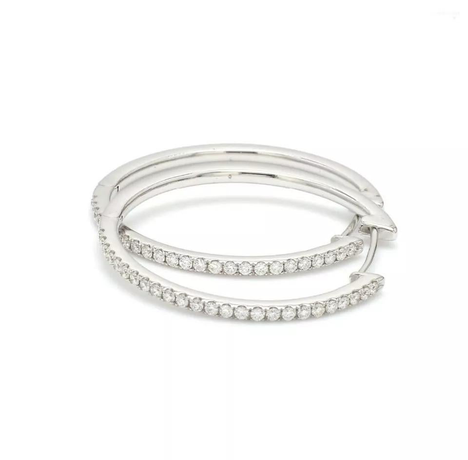 Round Cut Solid 18K White Gold Hoop Earrings Natural Diamond Handmade For Sale