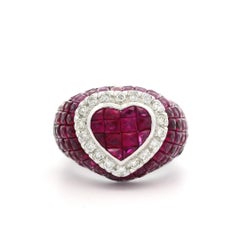 Solid 18k White Gold Mystery Set Ruby & Diamond Heart Cocktail Band Ring