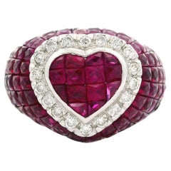 Solid 18k White Gold Mystery Set Ruby & Diamond Heart Cocktail Band Ring