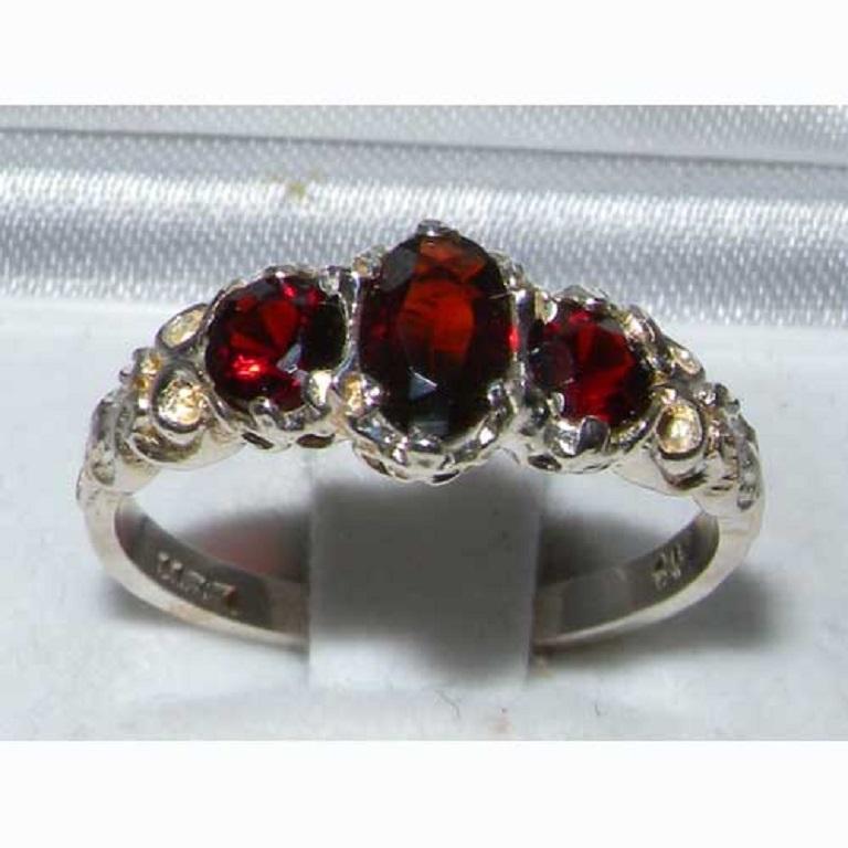 For Sale:  Solid 18k White Gold Natural Garnet Womens Trilogy Ring, Customizable 2
