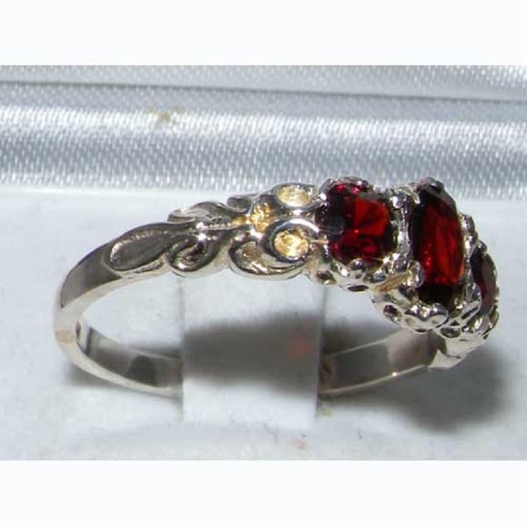 For Sale:  Solid 18k White Gold Natural Garnet Womens Trilogy Ring, Customizable 3