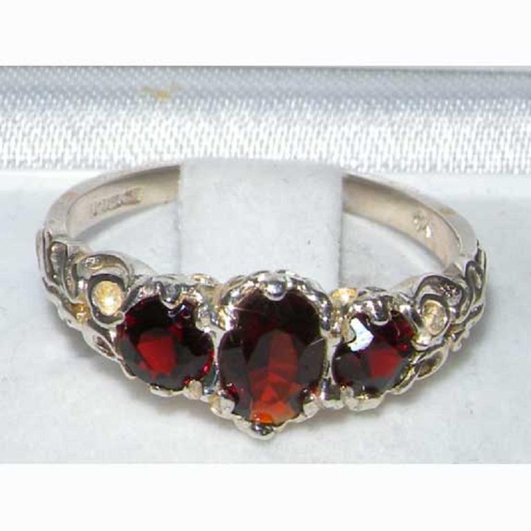 For Sale:  Solid 18k White Gold Natural Garnet Womens Trilogy Ring, Customizable 4
