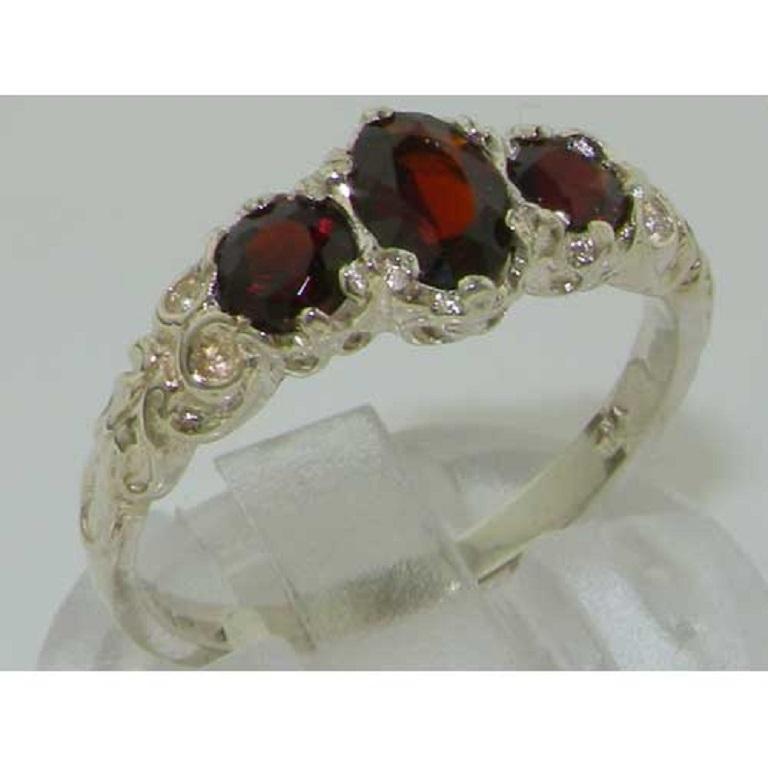 For Sale:  Solid 18k White Gold Natural Garnet Womens Trilogy Ring, Customizable 5