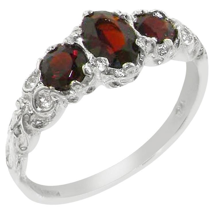 For Sale:  Solid 18k White Gold Natural Garnet Womens Trilogy Ring, Customizable
