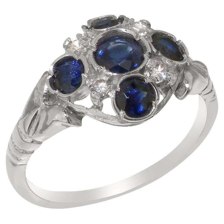 Damen-Cluster-Ring aus massivem 18 Karat Weißgold mit natürlichem Saphir und Diamant, anpassbar