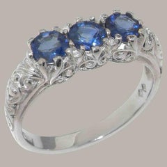 Solid 18K White Gold Natural Sapphire Womens Trilogy Ring