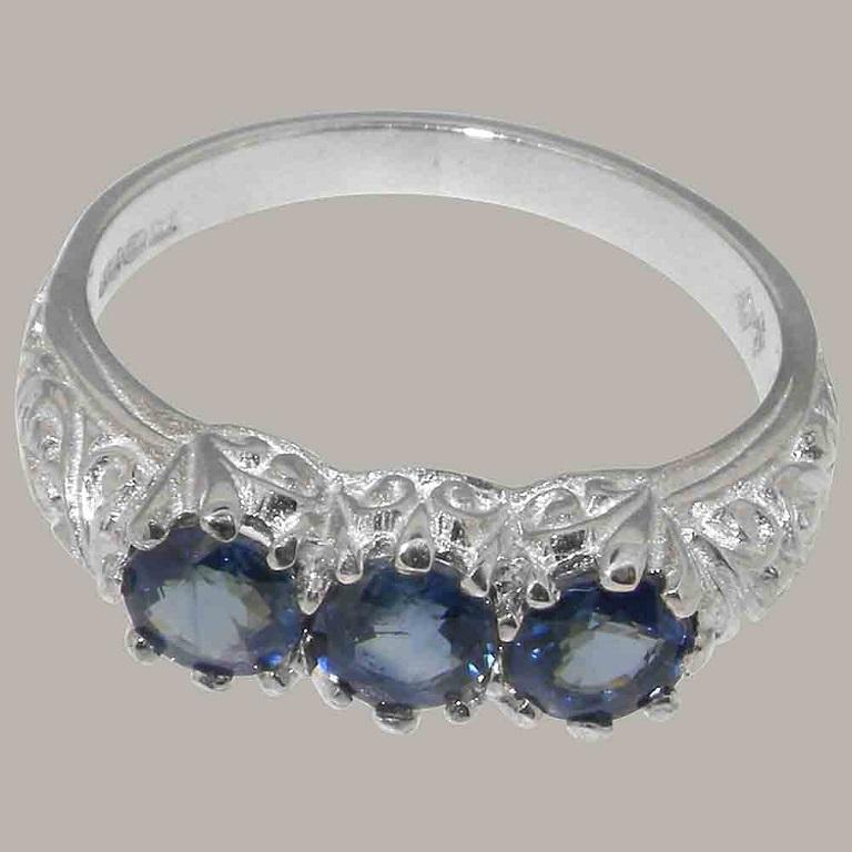 For Sale:  Solid 18K White Gold Natural Sapphire Womens Trilogy Ring 6