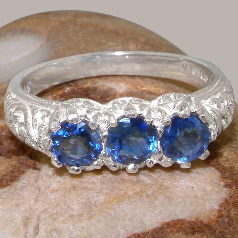For Sale:  Solid 18K White Gold Natural Sapphire Womens Trilogy Ring 7