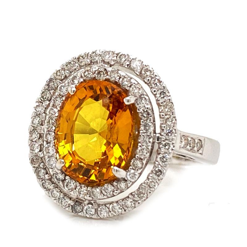 Solid 18 Karat Gold Natural Yellow Sapphire and Genuine Diamond Halo Ring 5.4g In Excellent Condition In Manchester, NH