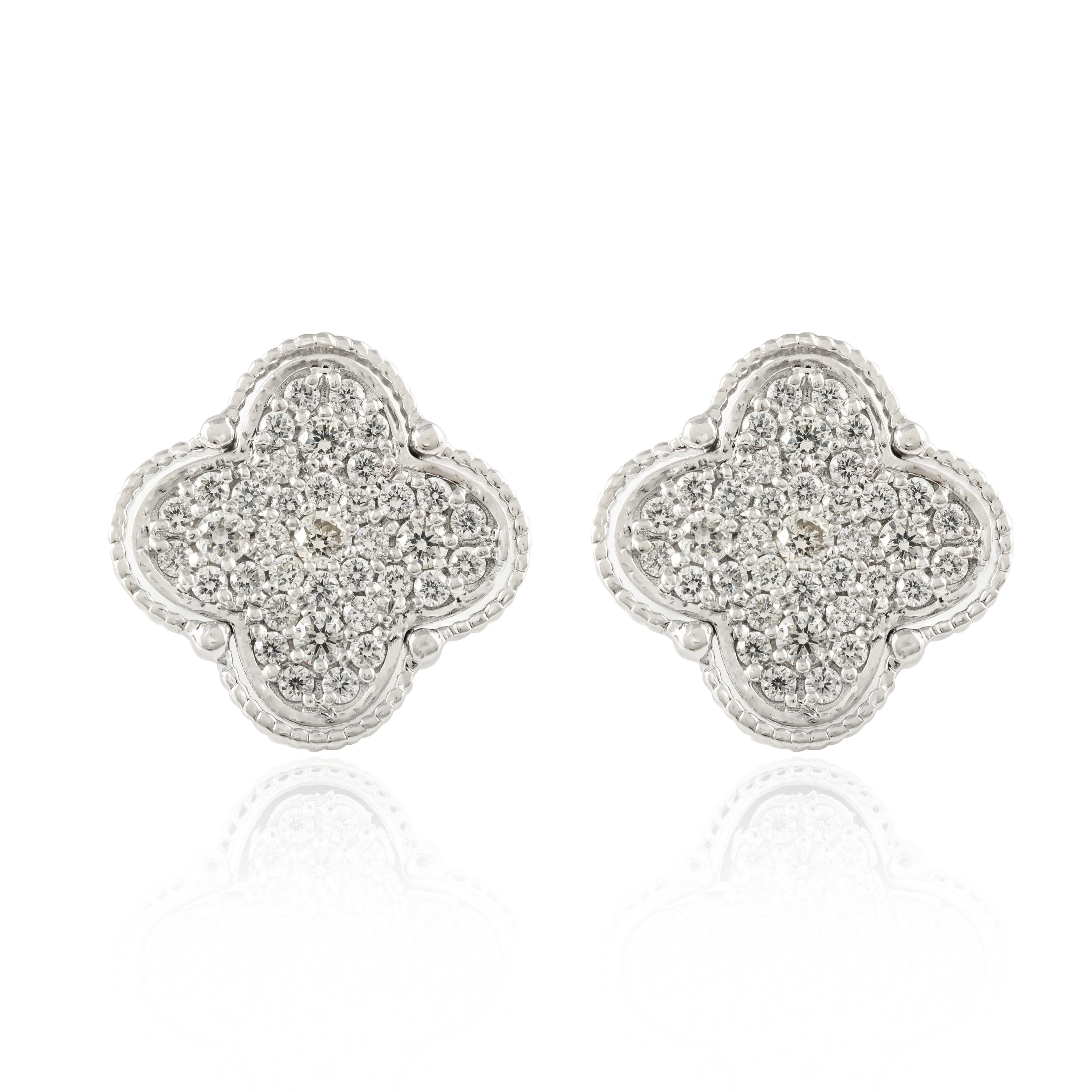 Round Cut Solid 18k White Gold Pave Diamond Clover Studs Statement Earrings For Women For Sale